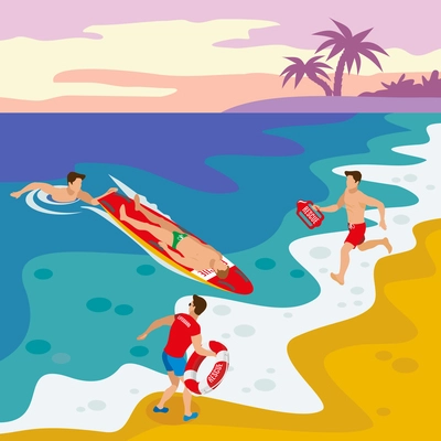 Beach lifeguards isometric poster with team of savers performing rescue operation of drowning man vector illustration