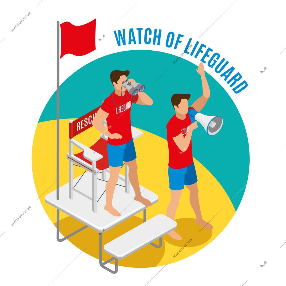 Watch of lifeguard round design concept with two savers near rescue chair holding binocular and loudspeaker isometric vector illustration