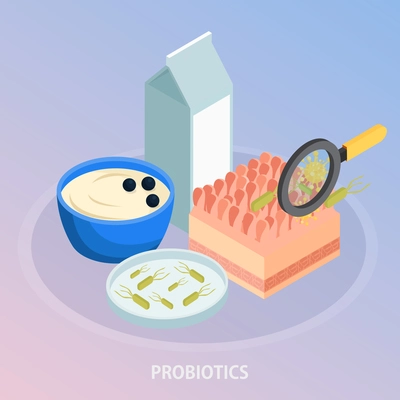 Probiotics isometric background composition with food and conceptual images of microbes with hand lens and text vector illustration