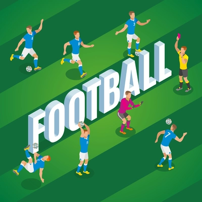 Football isometric background with players in motion kicking ball on stadium field vector illustration