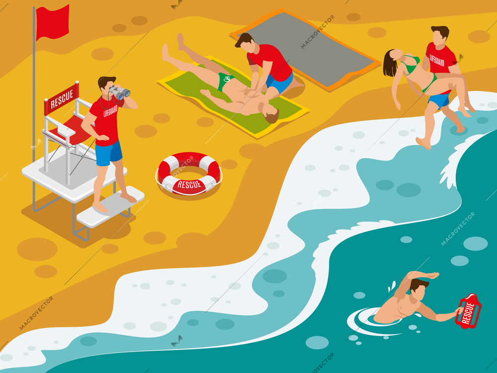 Beach lifeguards isometric composition with professional rescue team working with tourists caught in dangerous situation vector illustration