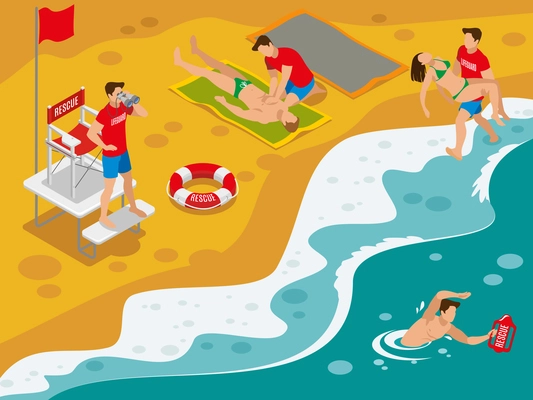 Beach lifeguards isometric composition with professional rescue team working with tourists caught in dangerous situation vector illustration