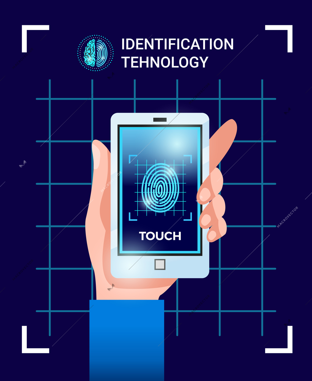 Biometric identification user technologies poster with hand holding smartphone with touchscreen id password fingerprint image vector illustration