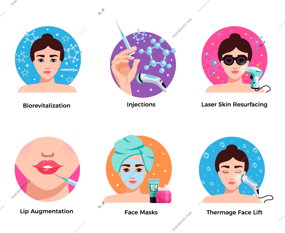 Cosmetology 6 flat round icons concept with laser skin resurfacing face lift lip augmentation isolated vector illustration