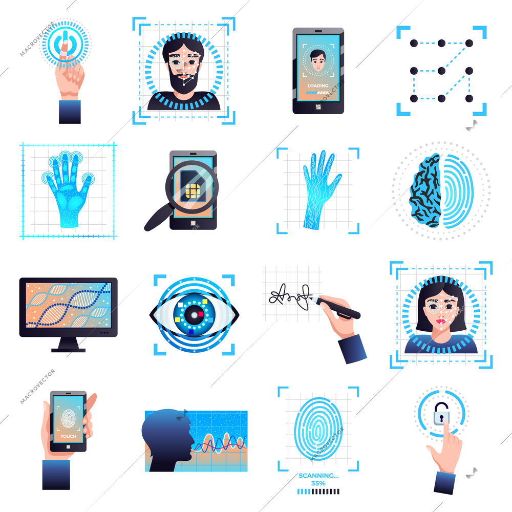 Identification technologies symbols collection with signature eye iris facial recognition biometric systems isolated white background vector illustration