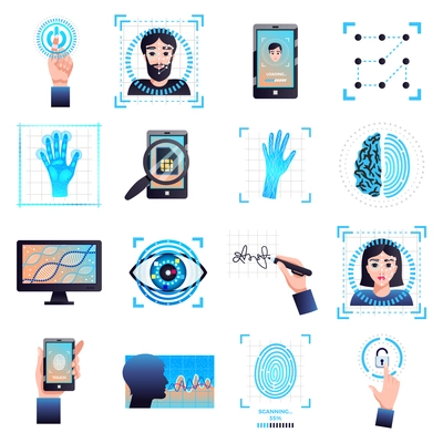 Identification technologies symbols collection with signature eye iris facial recognition biometric systems isolated white background vector illustration