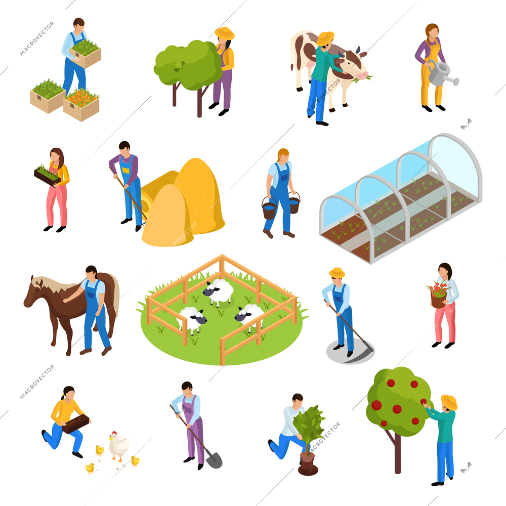 Ordinary farmers life isometric icons collection with isolated images of farming facilities plants and farm workers vector illustration