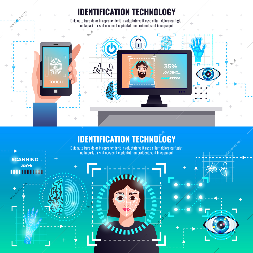 Identification technology 2 infographic elements horizontal banners with face fingerprint signature recognition computer access control vector illustration