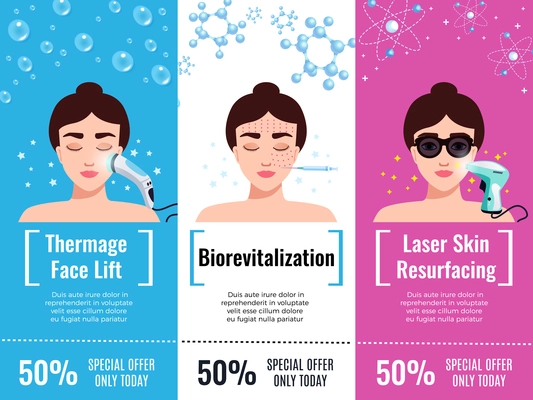 Cosmetology rejuvenation treatment discount offers 3 flat horizontal advertising banners with thermal face lift isolated vector illustration