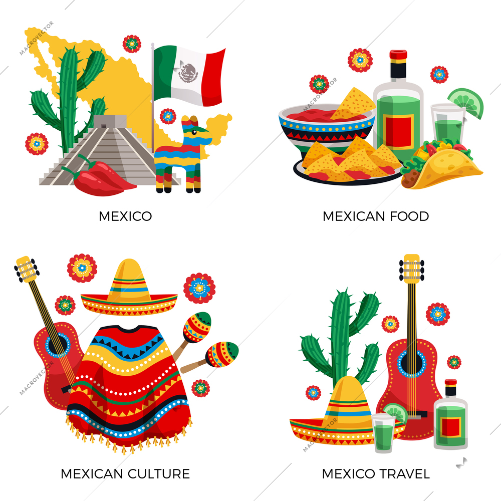 Mexican culture traditions food 4 colorful icons concept with cactus guitar poncho tequila tacos isolated vector illustration