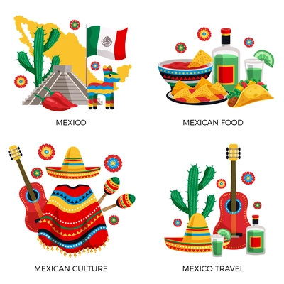 Mexican culture traditions food 4 colorful icons concept with cactus guitar poncho tequila tacos isolated vector illustration