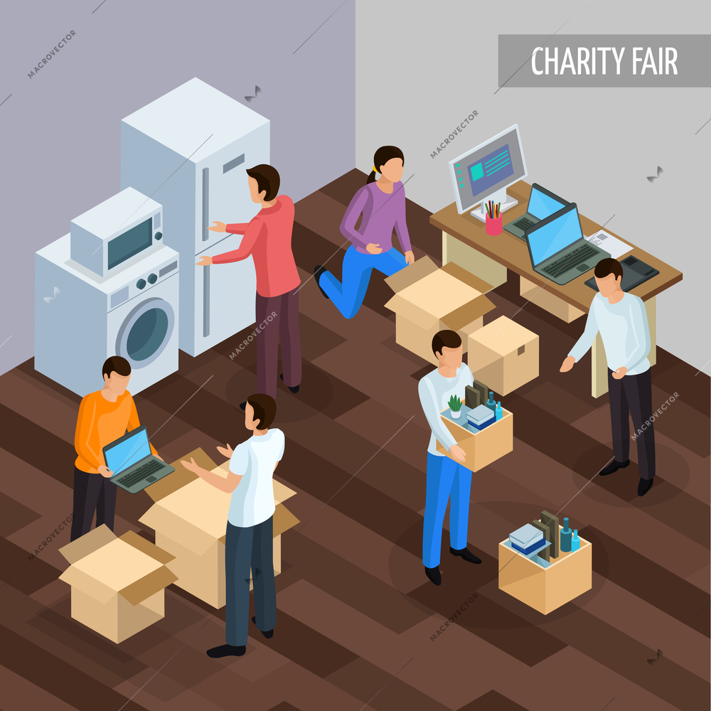 Sharing economy isometric background with human characters of people giving each other unnesessary goods and technics vector illustration
