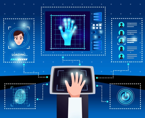 Identification computer technologies schema with integrated touchscreen interface for secure authorized user access blue background vector illustration