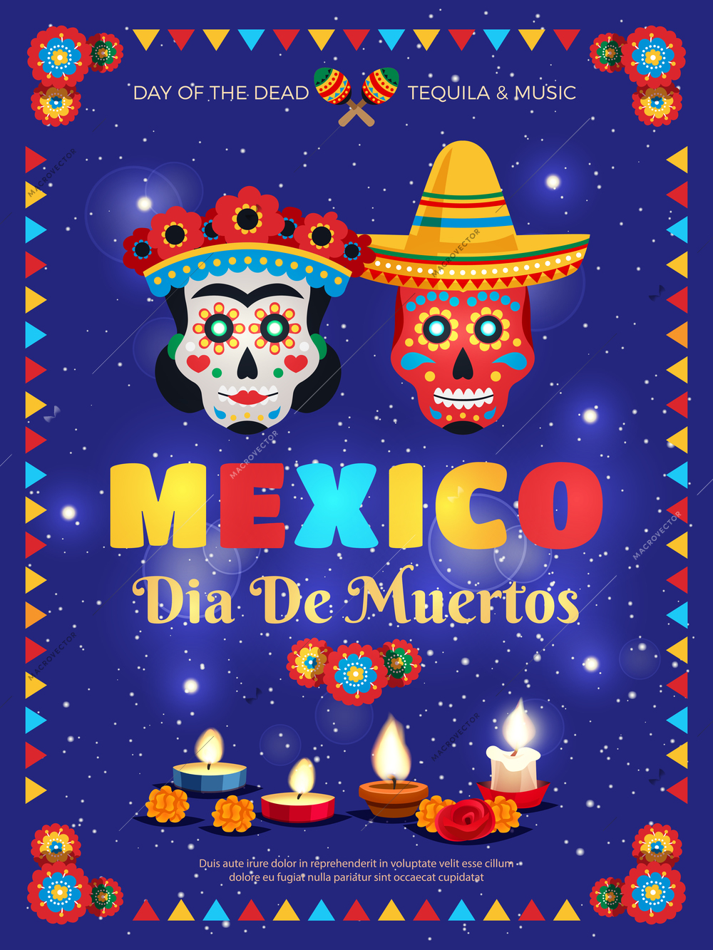 Mexico culture traditions colorful poster with dead day celebration symbols masks candles accessories blue background vector illustration