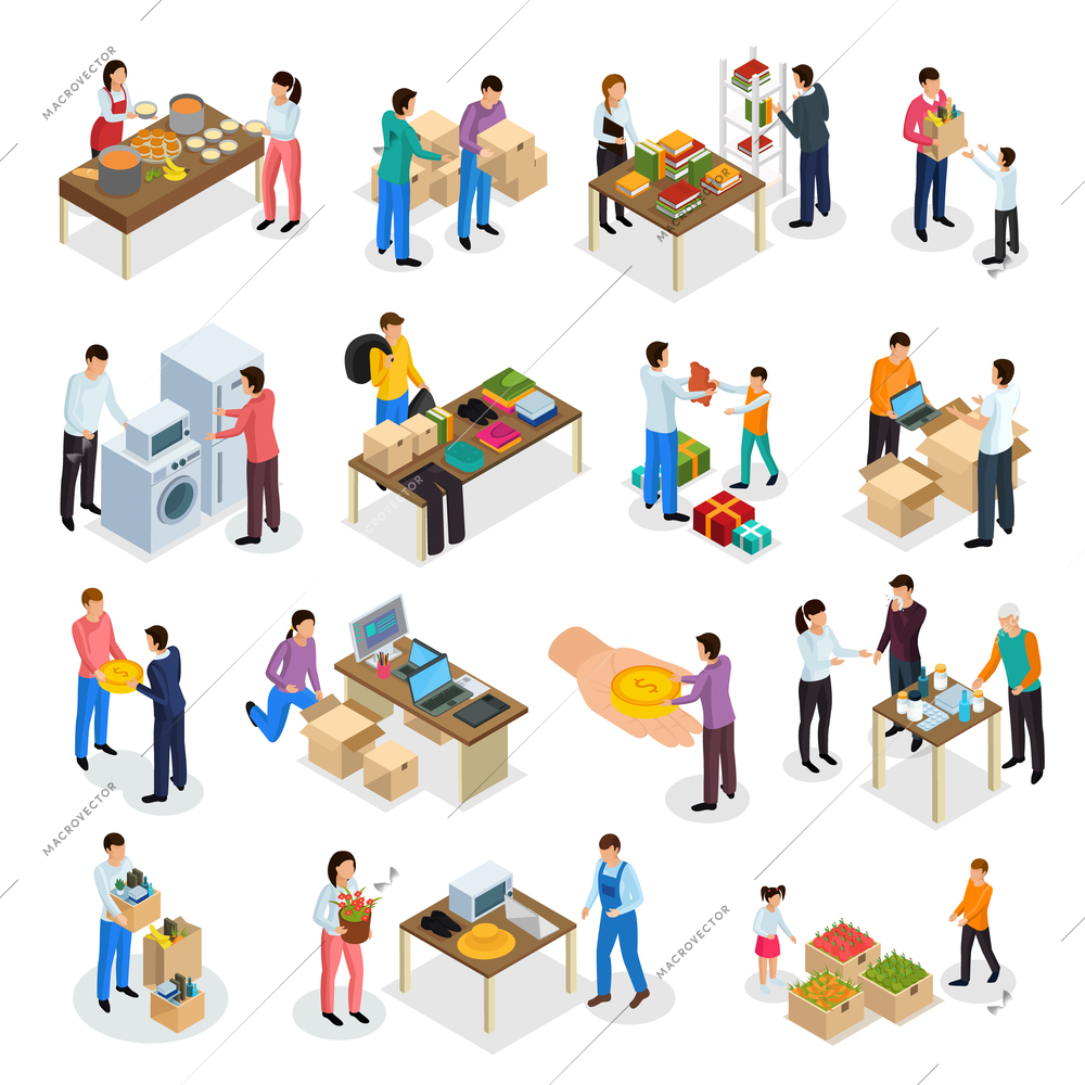 Sharing economy isometric icons collection of isolated human characters of people sharing clothes goods and food vector illustration