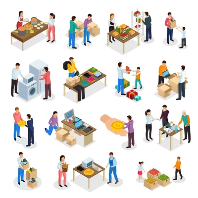 Sharing economy isometric icons collection of isolated human characters of people sharing clothes goods and food vector illustration