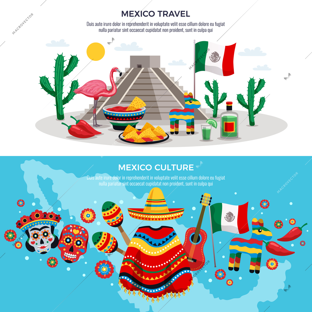 Mexico travel culture traditions sightseeing symbols 2 horizontal colorful banners with map sun mask sombrero vector illustration