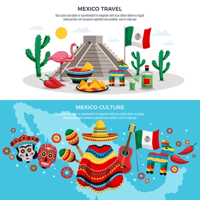 Mexico travel culture traditions sightseeing symbols 2 horizontal colorful banners with map sun mask sombrero vector illustration