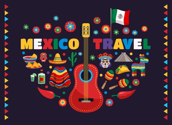 Mexico colorful national traditional symbols composition with guitar flag food masks tequila cactus travel advertisement vector illustration