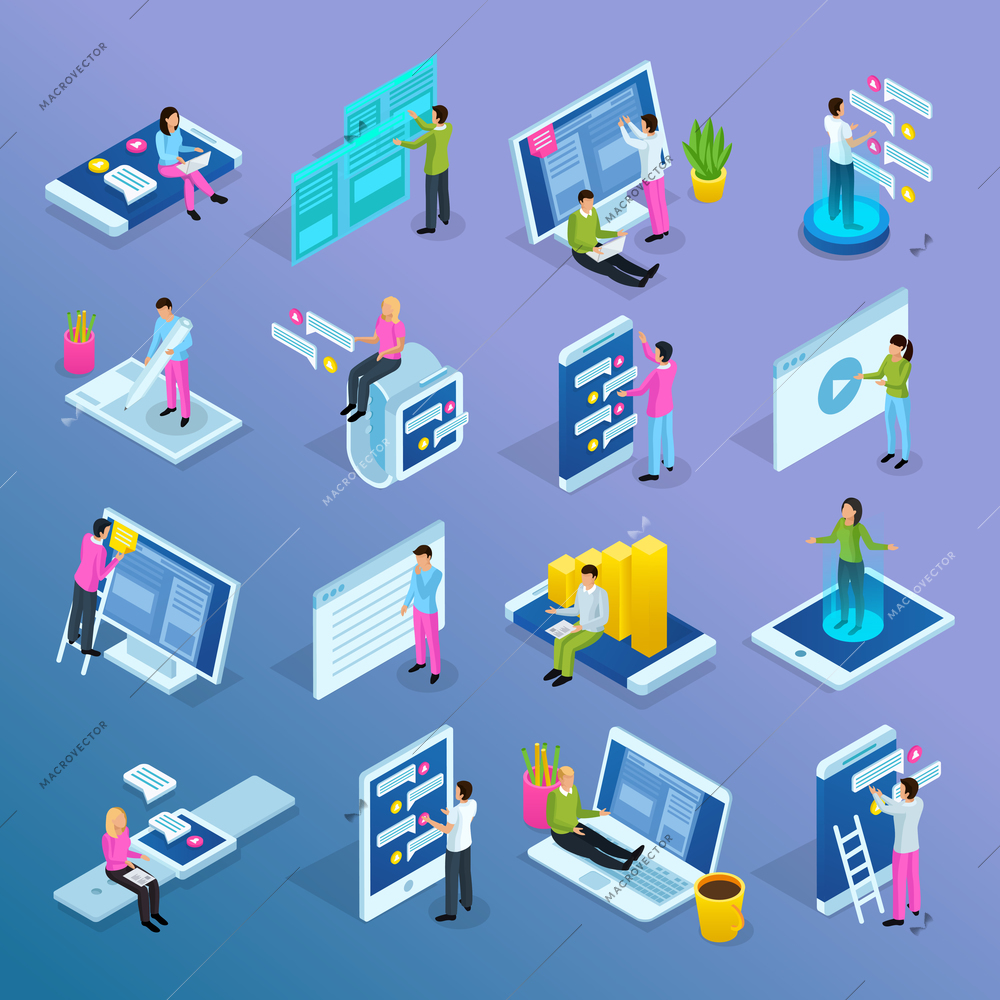 People and interfaces isometric icons collection with isolated conceptual icons electronic gadgets human characters and pictograms vector illustration