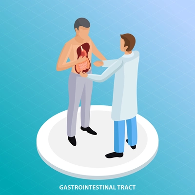 Probiotics isometric background with conceptual view of doctor and patient characters with view of human organs vector illustration