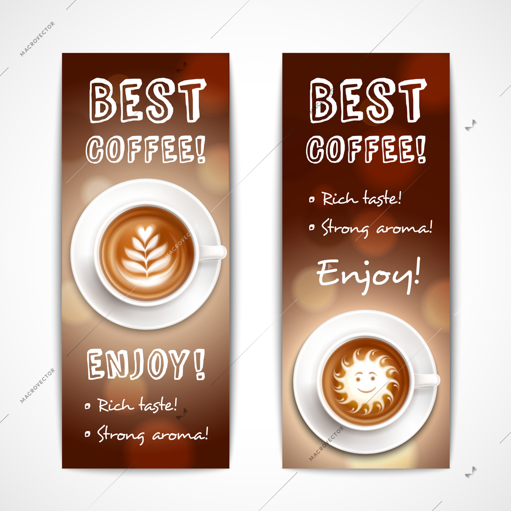 Best coffee art banners with description of rich taste and strong aroma and wish enjoy realistic vector illustration