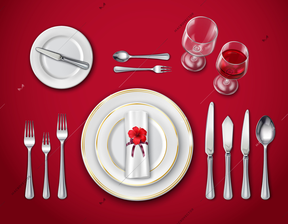 Top view of table place setting for ceremonial dinner on red background with empty plate glasses and cutlery realistic vector illustration