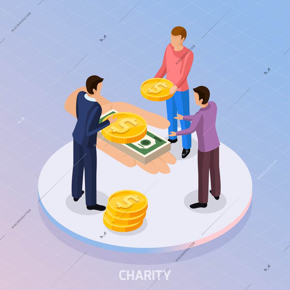 Sharing economy isometric background with conceptual composition of fundraiser characters and human hand with coins and banknotes vector illustration