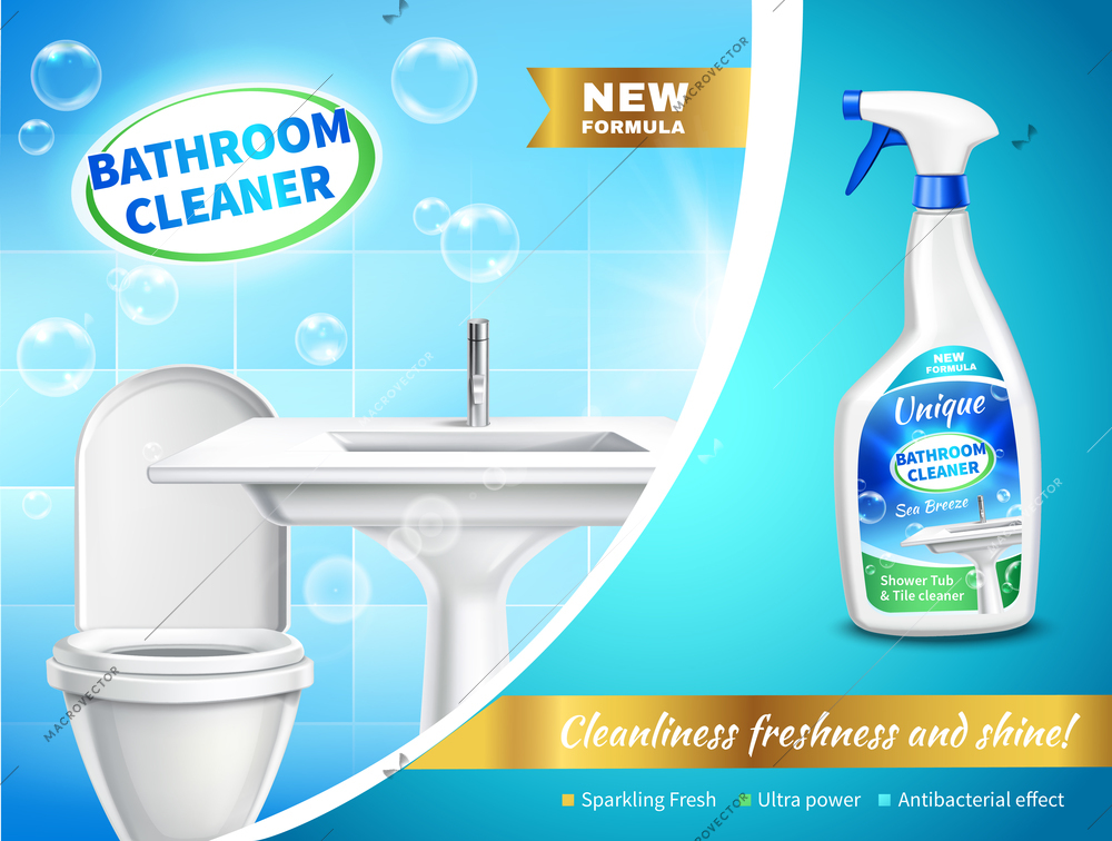 Bathroom cleaner realistic composition  with advertising of sparking fresh ultra power antibacterial effect vector illustration