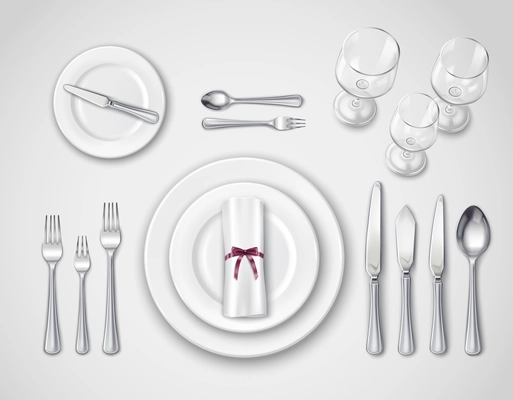 Table setting realistic top view with modern cutlery set serving for one person 3d vector illustration