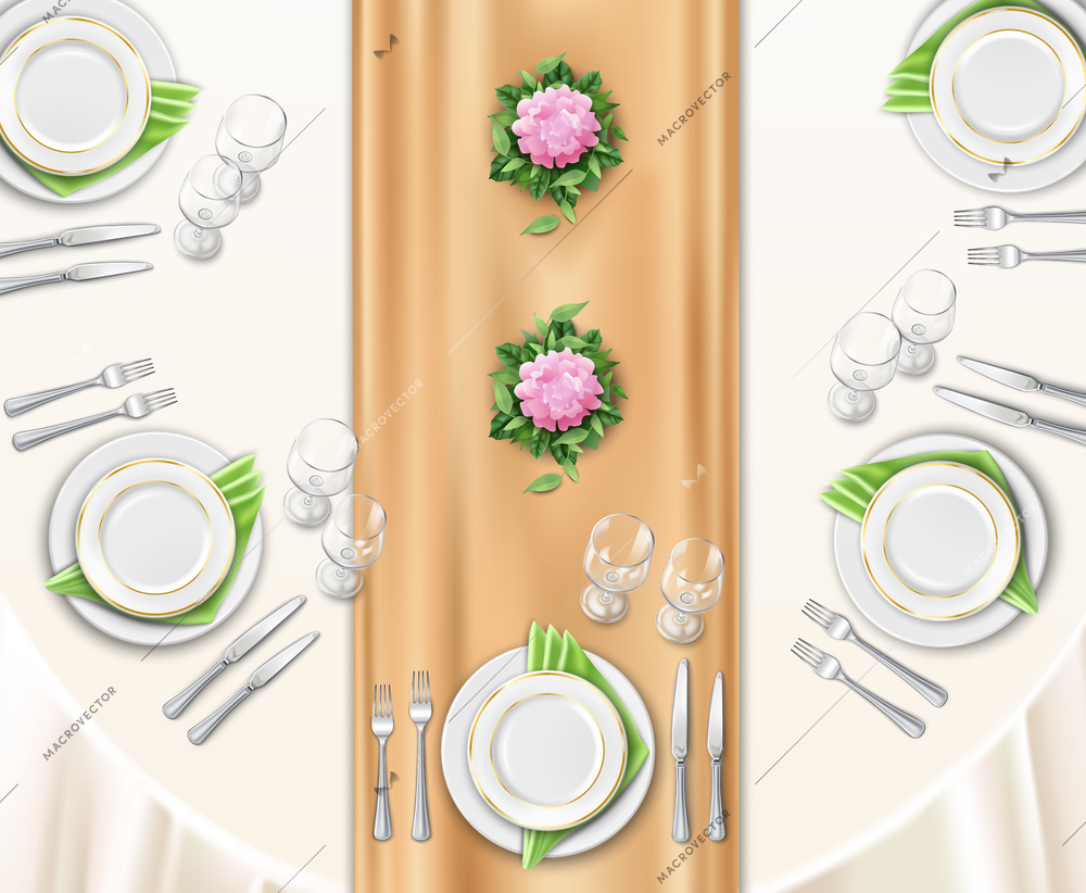 Dinner table set up background with top view of table covered with festive tablecloth and decorated by flowers realistic vector illustration