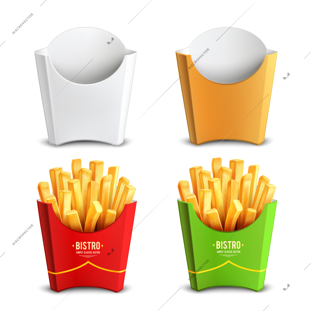 Colorful set of empty and food filled  paper boxes for french fries 2x2 design concept realistic vector illustration