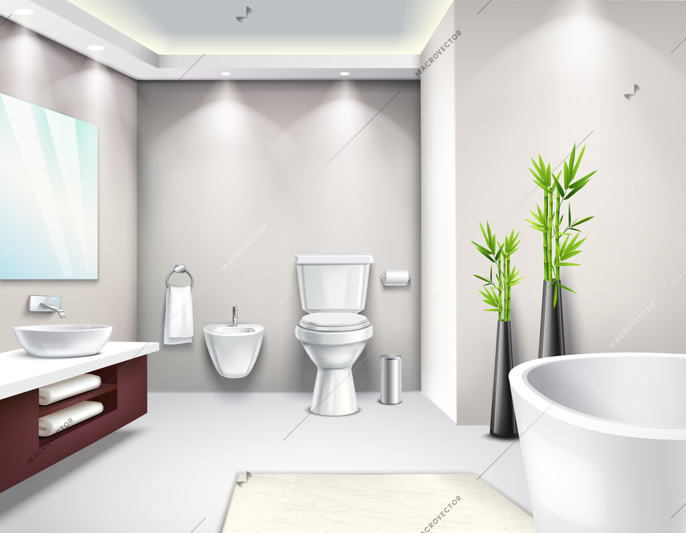 Luxury bathroom interior in modern design realistic composition for business magazine catalog website page vector illustration