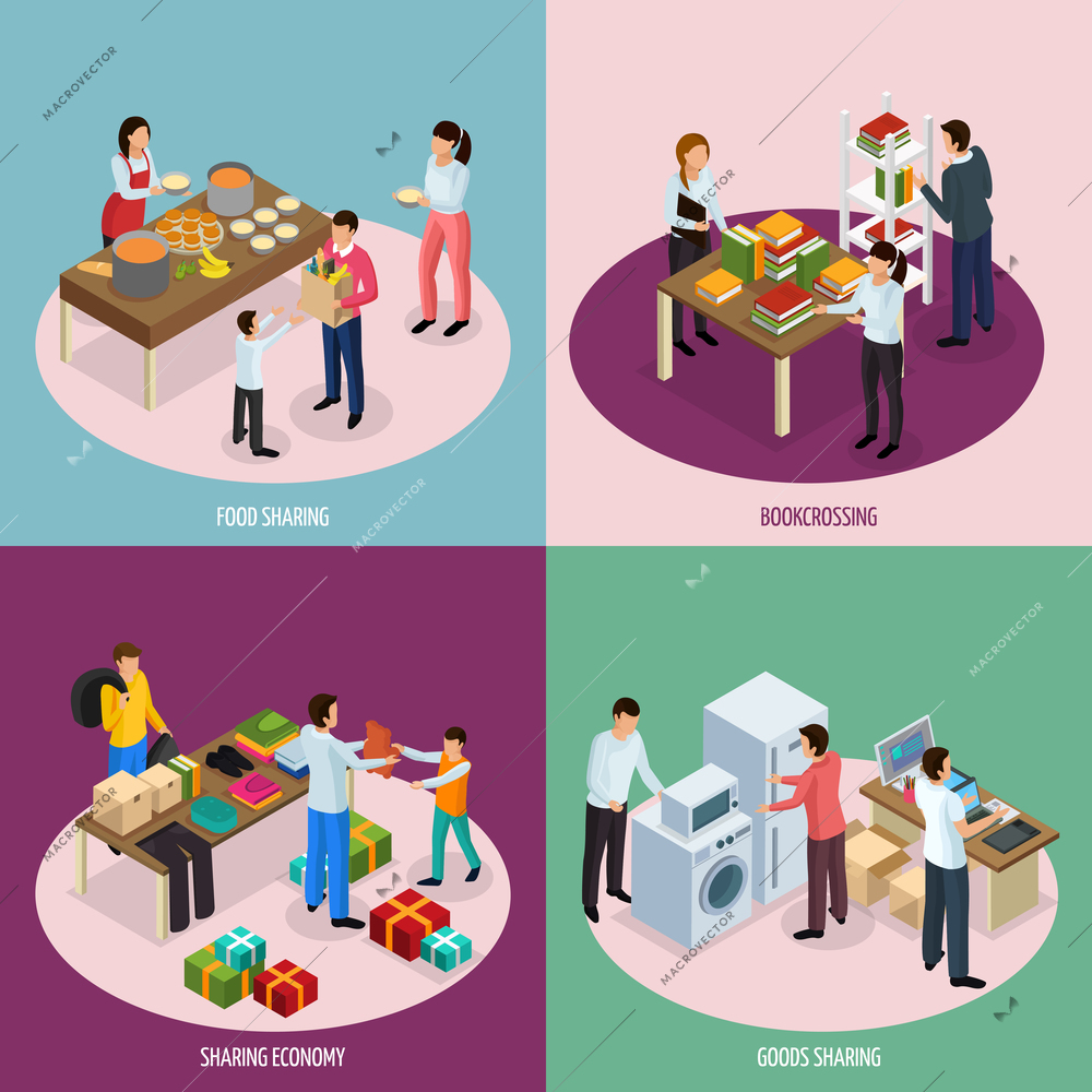 Sharing economy isometric 2x2 design concept with compositions of people sharing food books and household appliances vector illustration