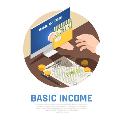 Basic income isometric round composition, monitor with hand giving social benefits vector illustration