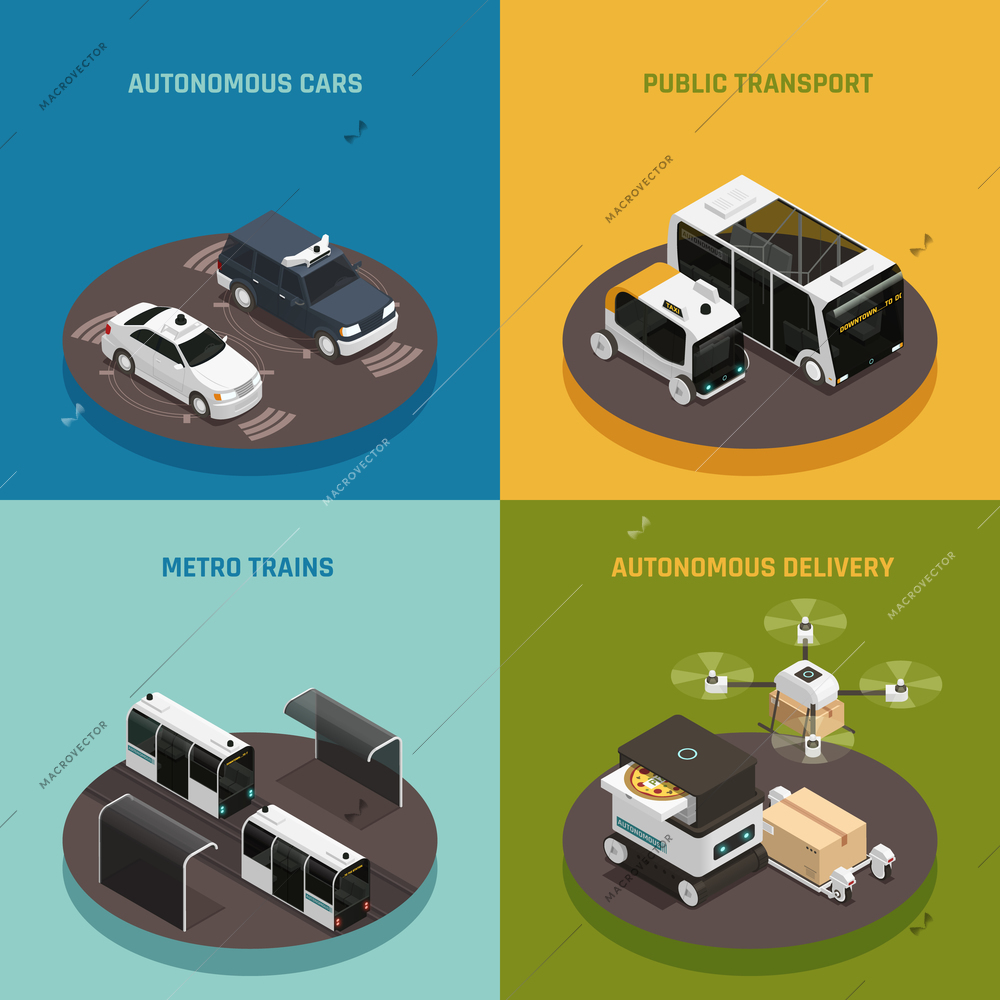 Autonomous vehicles isometric design concept, driverless cars, public transport, metro trains, robotic delivery systems isolated vector illustration