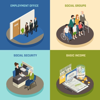 Social security isometric design concept, employment office, supports for various population groups, basic income, isolated vector illustration