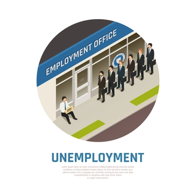 Jobless persons in queue to employment office and sitting man needing work isometric composition vector illustration