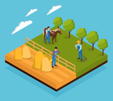 Ordinary farmers life isometric composition with view of various field works and animal grazing farming activities vector illustration