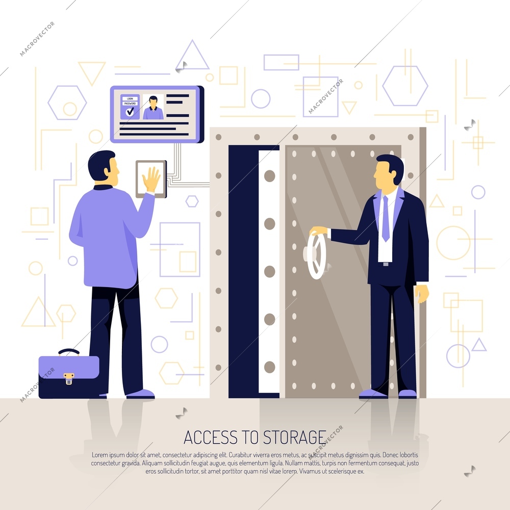 Innovative biometric technologies flat illustration with automated hand identification security system authenticating employee storage access vector illustration