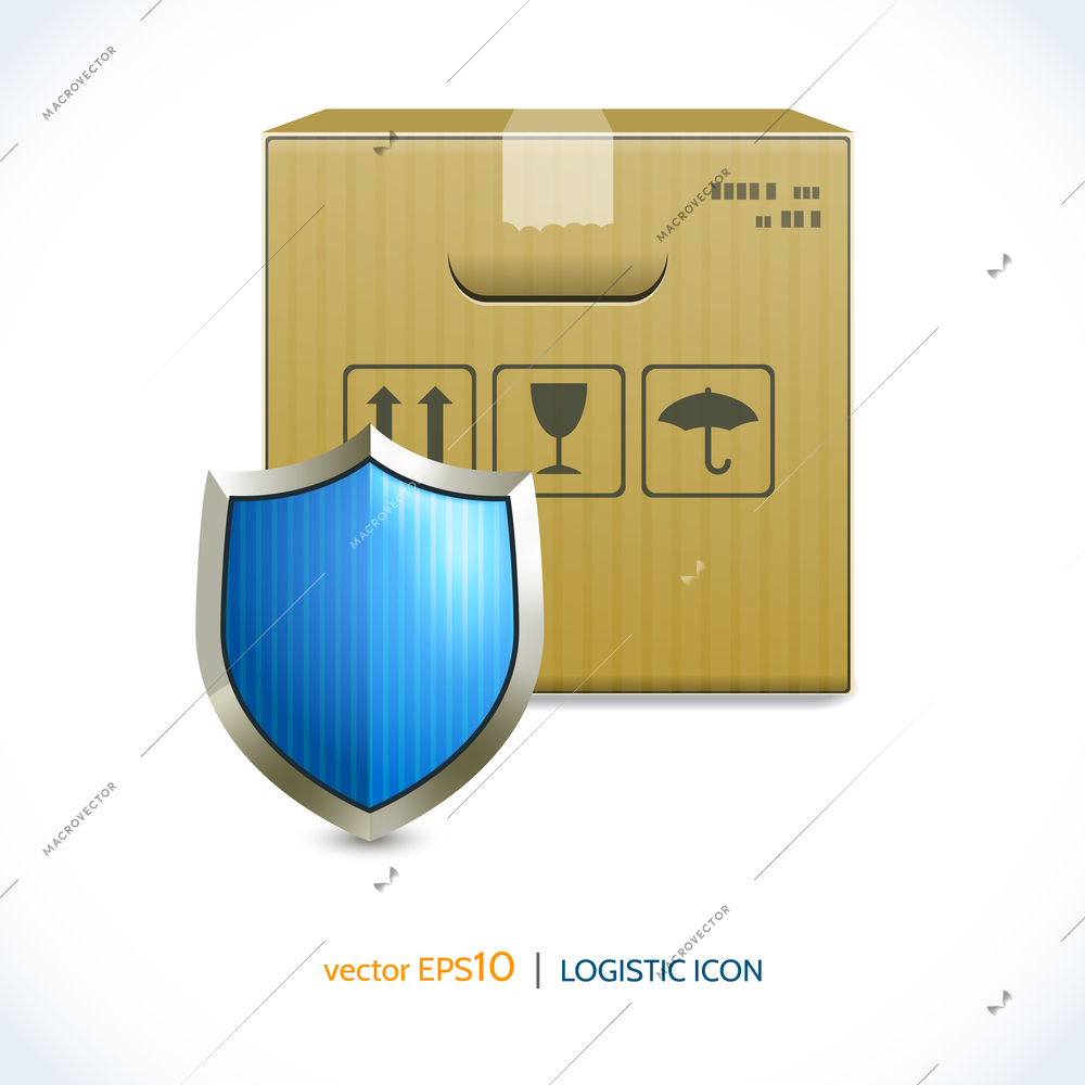 Logistic shipping realistic cardboard box and shield icon isolated on white background vector illustration