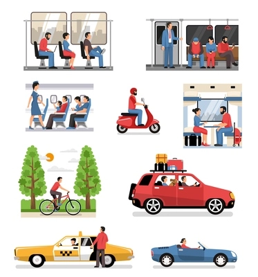 Transportation vehicles with passengers drivers cyclist flat compositions set with people in train bus aircraft car vector illustration