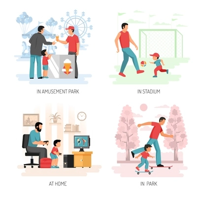 Parenting child raising concept 4 flat compositions with playing football computer games outdoor activities with dad vector illustration