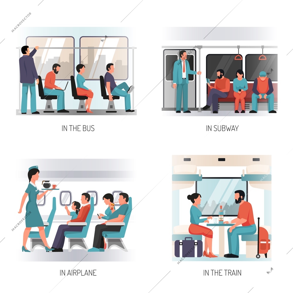 People in transport flat concept design with  with airplane subway train city bus passengers isolated vector illustration