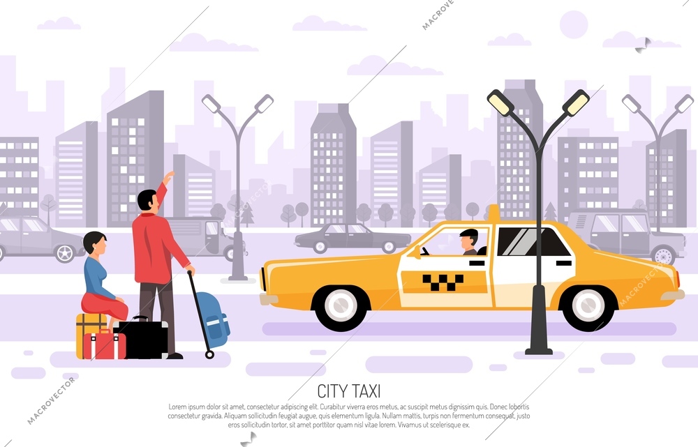 Travelers with luggage hailing yellow taxi car in city street flat composition cityscape background poster vector illustration