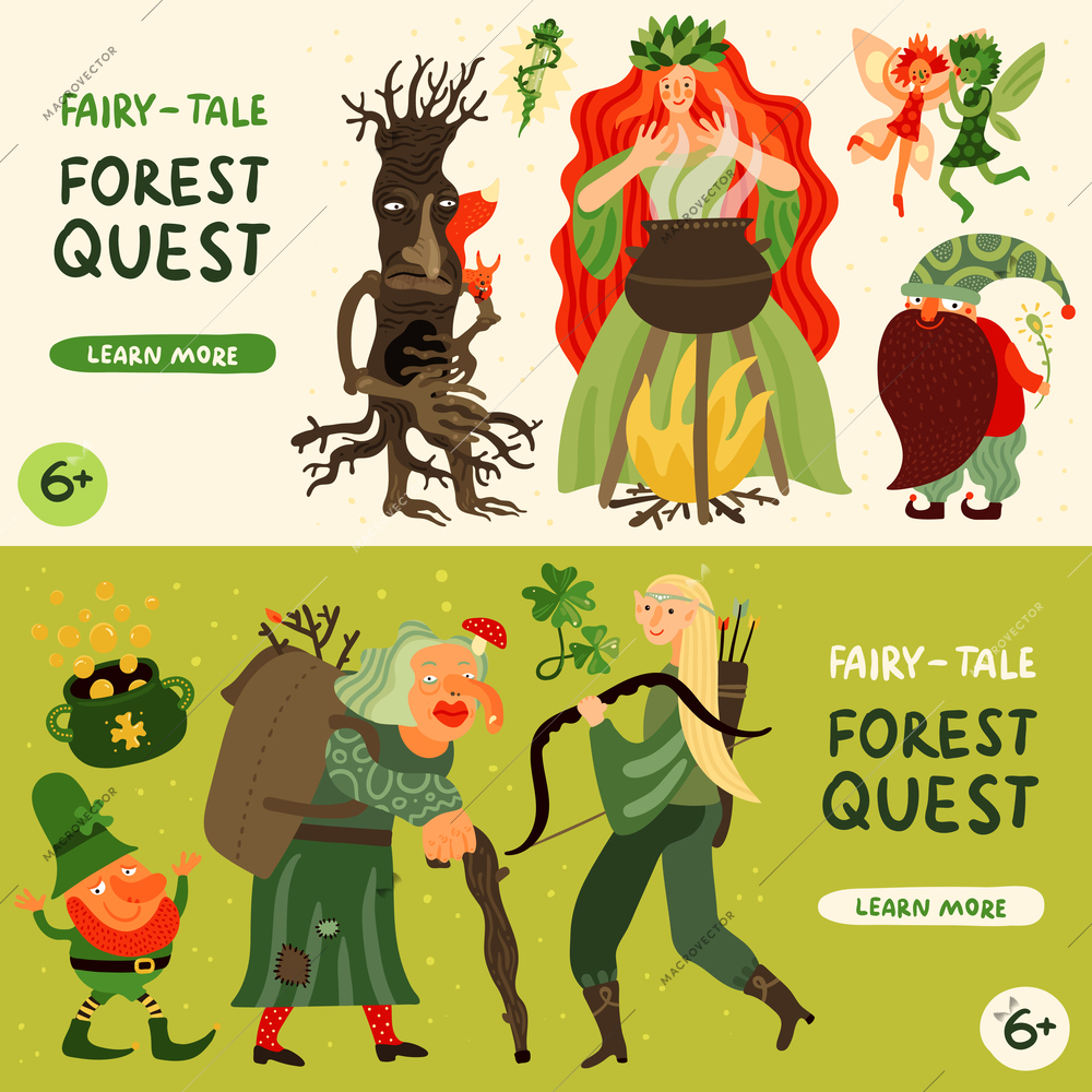 Forest fairy tale characters horizontal banners set with forest quest symbols flat isolated vector illustration