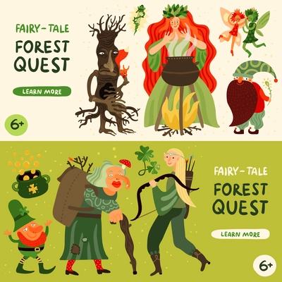 Forest fairy tale characters horizontal banners set with forest quest symbols flat isolated vector illustration