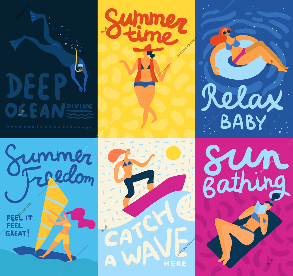 Sea activities cards set with diving and sunbathing symbols flat isolated vector illustration