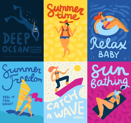 Sea activities cards set with diving and sunbathing symbols flat isolated vector illustration