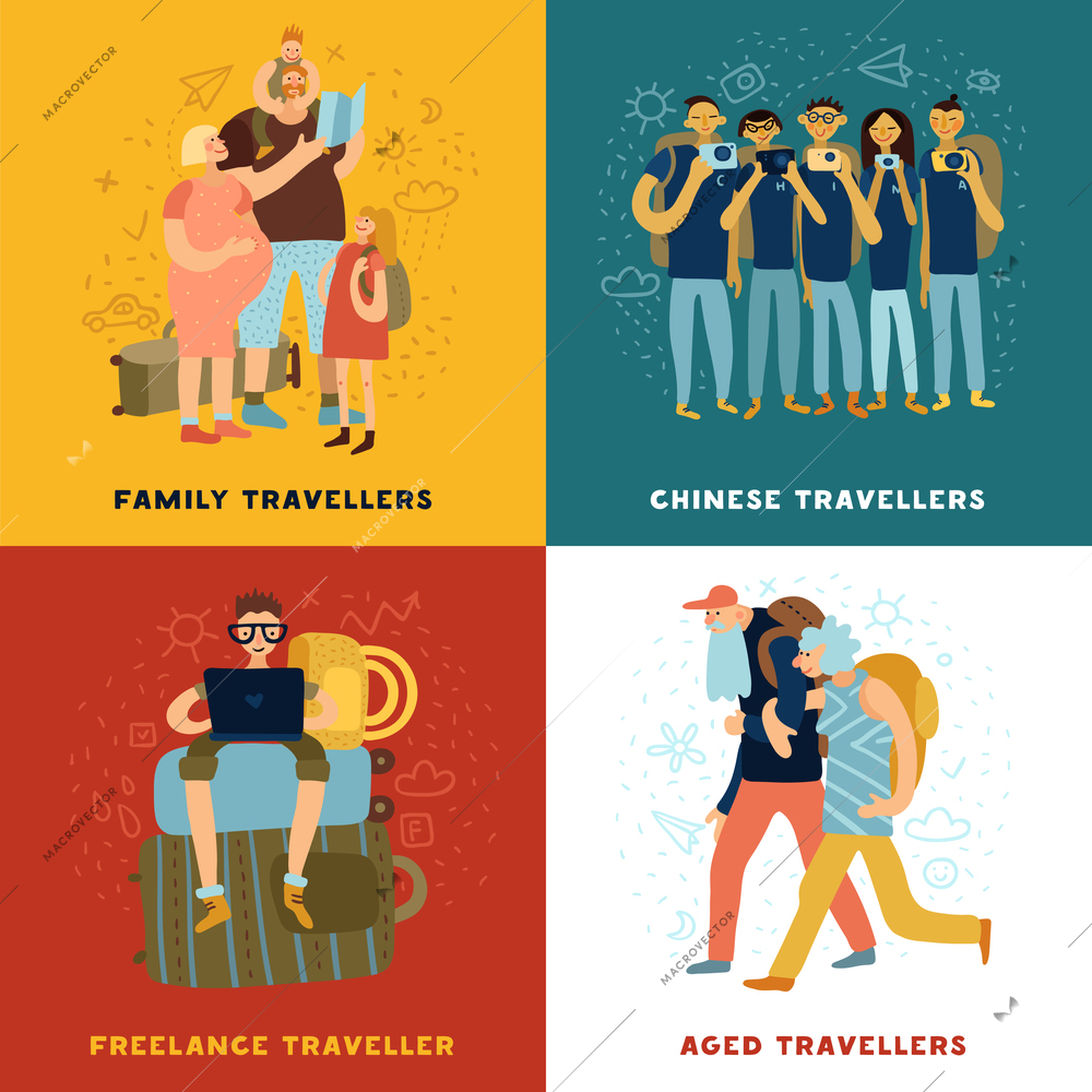 Travel tips concept icons set with family travel symbols flat isolated vector illustration